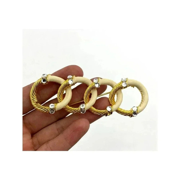 VTG Gold Tone Enamel Brooch Pin Clear Rhinestone Circle Loop Retro - Picture 6 of 8